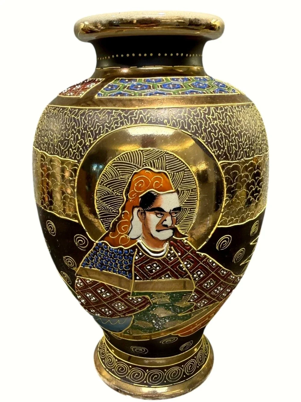 Vintage Japanese Satsuma Moriage Samurai Figural Vase 10